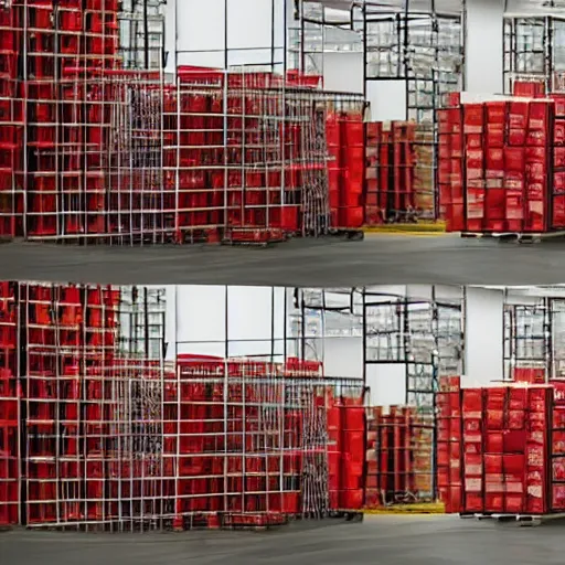 Image similar to two frames of equal size, the first a warehouse full of boxes, the second is exactly the same picture except the boxes are red