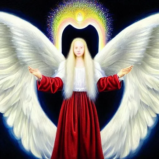 Image similar to highdetailed hyperrealistic painting of white angel!!! no gender!!!, giant ball of miracle light from the chest!!!!!, white sparkles everywhere, 4 k hd fur face!!!, big wings, by jan van eyck, holography space, glow effect, large strokes, soft and clean, white monochrome color!!!!!