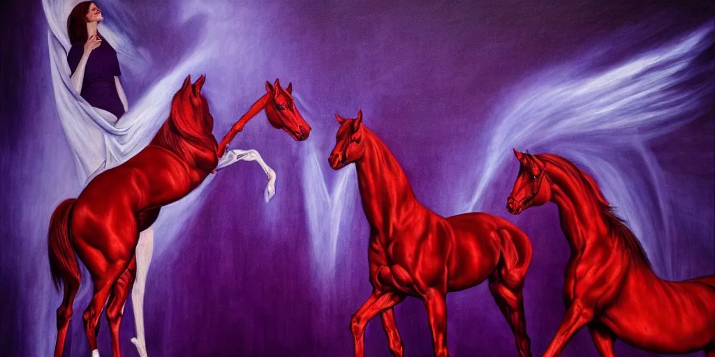 Image similar to only with purple, ney motogrosso in love with a red stallion, too many hands in all directions, in hoc signo vinces, waterfall, in the style of leonora carrington, gottfried helnwein, intricate composition, blue light by caravaggio, insanely quality, highly detailed, masterpiece, red light, artstation