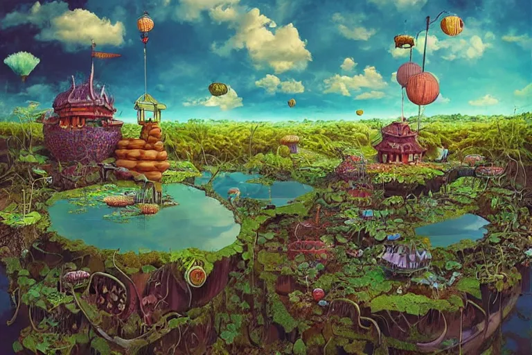 Prompt: surreal onsen kingdom, floating island in the sky, waterpipes in the ground, summer morning, very coherent and colorful high contrast, art by!!!! gediminas pranckevicius!!!!, geof darrow, dark shadows, hard lighting
