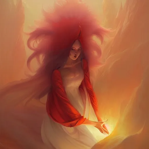 Image similar to prompt A beautiful red orange fluffy kumiho, concept art, matte painting, by Peter Mohrbacher