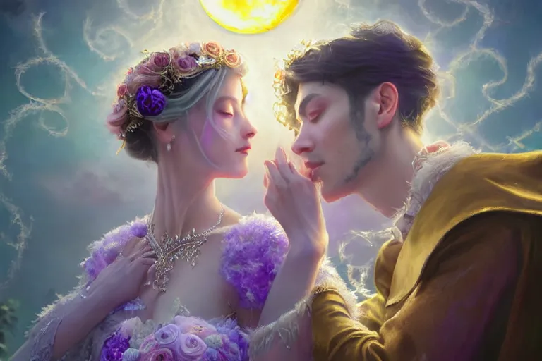 Image similar to a dreamlike cinematic portrait of wedding photograph close up moment of a divine a russia sun god and moon goddess lovers magician at a wedding banquet. portraiture. digital painting. artstation. concept art. fantasy wedding photo. digital painting, 8 k realistic, hyper detailed, violet evergarden art masterpiece by art by krenz cushart