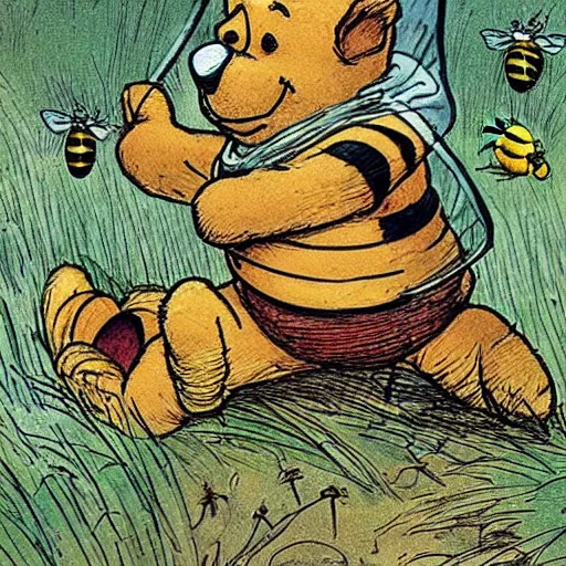 Image similar to Winnie The Poo is being killed by many bee stings in the style of E. H. Shepard