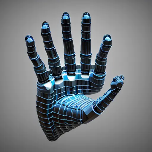 Image similar to abstract computer generated image of a robotic hand, dystopian, a low poly render by gabriel dawe, surrealism, trending on polycount, generative art, low poly, rendered in cinema 4 d, terragen