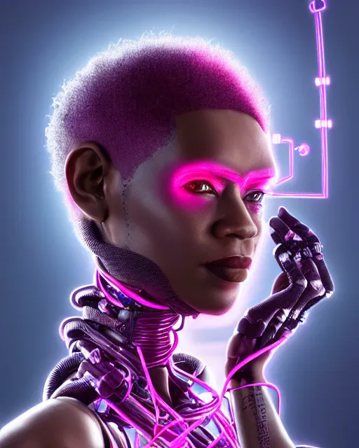 Image similar to portrait of a beautiful black woman with pink hair as a cyberpunk cyborg half robot, revealing wires and electronics, sci - fi, missing panels, intricate abstract upper body intricate artwork, concept art, octane render, deviantart, cinematic, key art, hyperrealism, iridescent accents, portrait photograph, nikon 3 5 mm, photograph by greg rutkowski