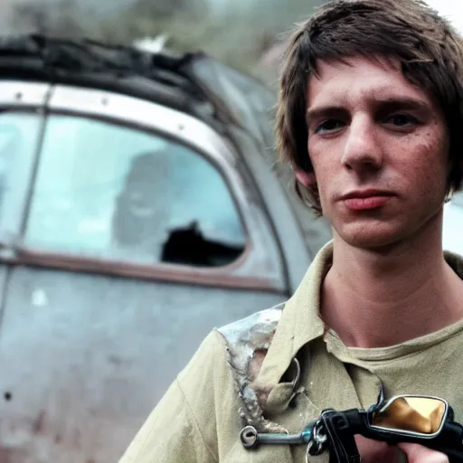 Image similar to close up headshot of a swiss young adult as a skinny high-fantasy elf with a long face narrow chin and spiky blonde hair wearing dark brown overalls and holding a bomb next to a destroyed car, high resolution film still, HDR color