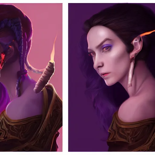 Image similar to A professional digital portrait painting of a young adult female tiefling sorcerer with skin made of fire, dressed in light armor, 4k, digital art, trending on cgsociety, renaissance painting, highly detailed, head and shoulders shot, shallow depth of field, purple and yellow lighting, professional lighting, The Grand Budapest Hotel, airbrush, Hayao Miyazaki