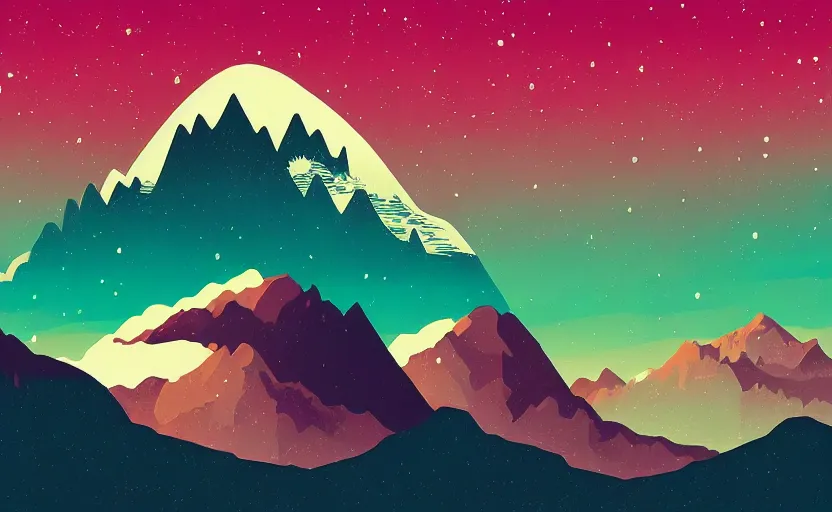 Image similar to mountains, stars and paisley filled sky, artstation, intricate, highly detailed, digital painting, concept art, sharp focus, illustration by Tom Whalen and Kilian Eng