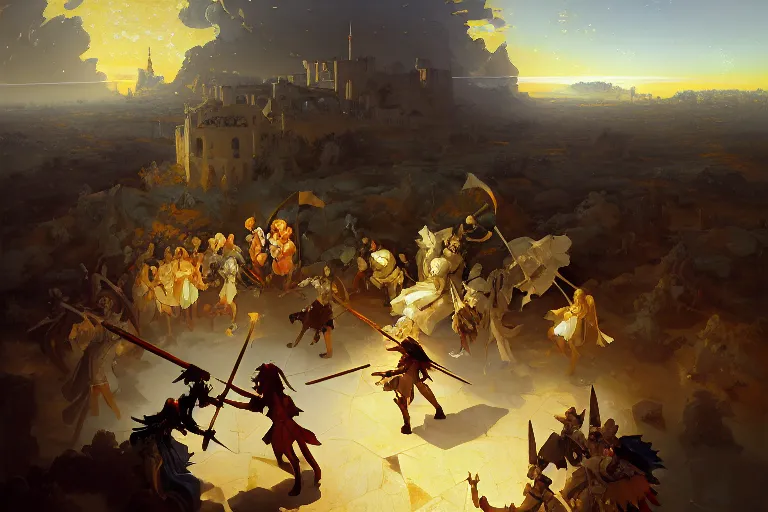 Image similar to baroque oil painting of key visual environment concept art of anime maids fighting a crusade in jerusalem, brutalist, dark fantasy, rule of thirds golden ratio, fake detail, trending pixiv fanbox, acrylic palette knife, style of makoto shinkai studio ghibli genshin impact jamie wyeth james gilleard greg rutkowski chiho aoshima