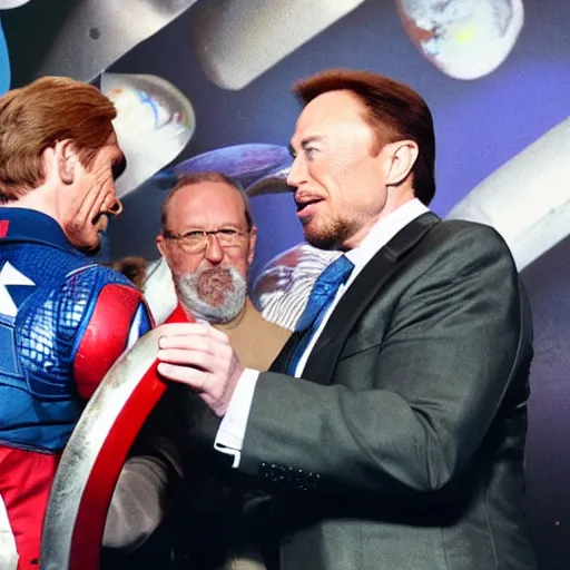 Image similar to uhd hyperdetailed candid photo of cosmic chuck norris dressed as captain america, wearing extremely intricate costume, receiving an award from elon musk. photo by annie leibovitz