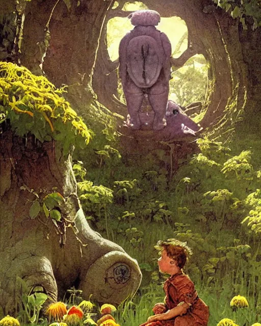 Image similar to detailed painting of a beautiful tardigrade p, untouched by humans for years, with a brooding fairy inside it. sunlight beams down on the scene and you can tell it is spring from the flowers. perhaps a party of adventurers or a lone traveler is entering the scene from the a path. by norman rockwell