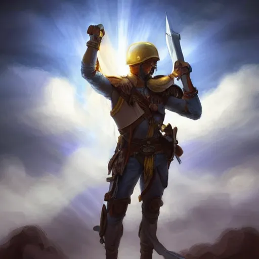 Image similar to a full body shot from distance of a great soldier with a yellow and blue flag standing in the beam of light from the clouds in a triumph after battle, western, masculine figure, D&D, fantasy, intricate, elegant, highly detailed, digital painting, artstation, concept art, matte, sharp focus, symmetrical, illustration, art by Artgerm and Greg Rutkowski and Alphonse Mucha