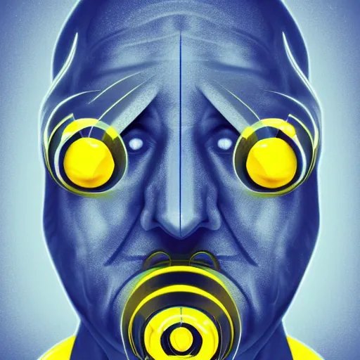 Image similar to human man that resembles a wasp morh in surreal sketch style, blue and yellow gradient, noise, ultrafine detail, hd 8k, logo illustration