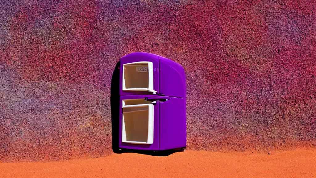 Prompt: purple refrigerator, red sand beach, green ocean, nebula sunset