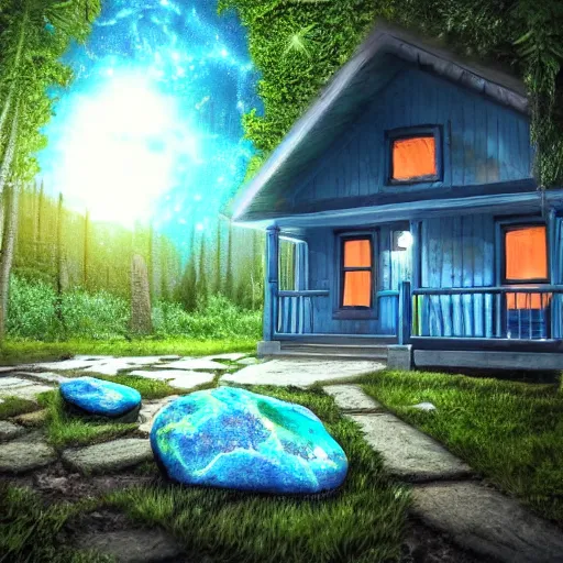 Image similar to magic round neon blue stone in front of a porch of a tiny cabin in the woods capable of destroying the whole multiverse with a distant galaxy in the background, full of detail, smooth, hyper realism, high detail, cinematic, dark