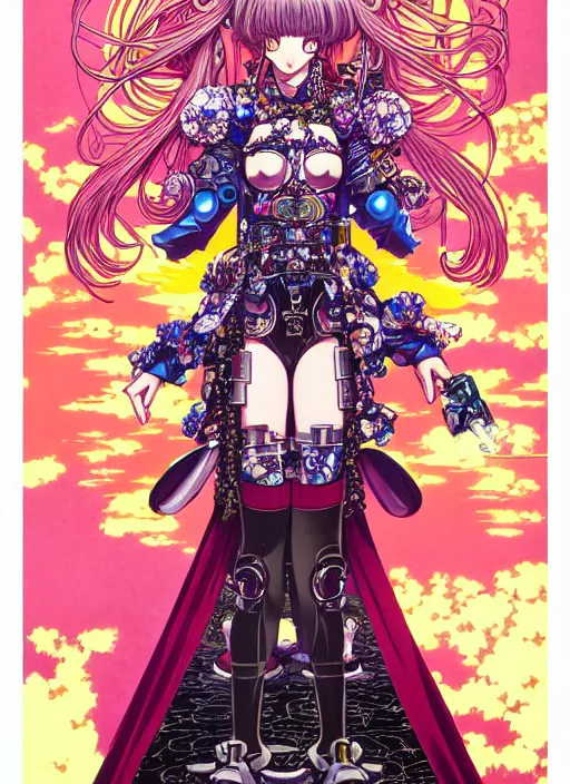 Image similar to highly detailed artstation katsuhiro otomo fluorescent fantastic fate manga poster of princess mechine, minaba hideo,, long hair, armor, laces, ruffles, 8 k, maximalist, art nouveau,