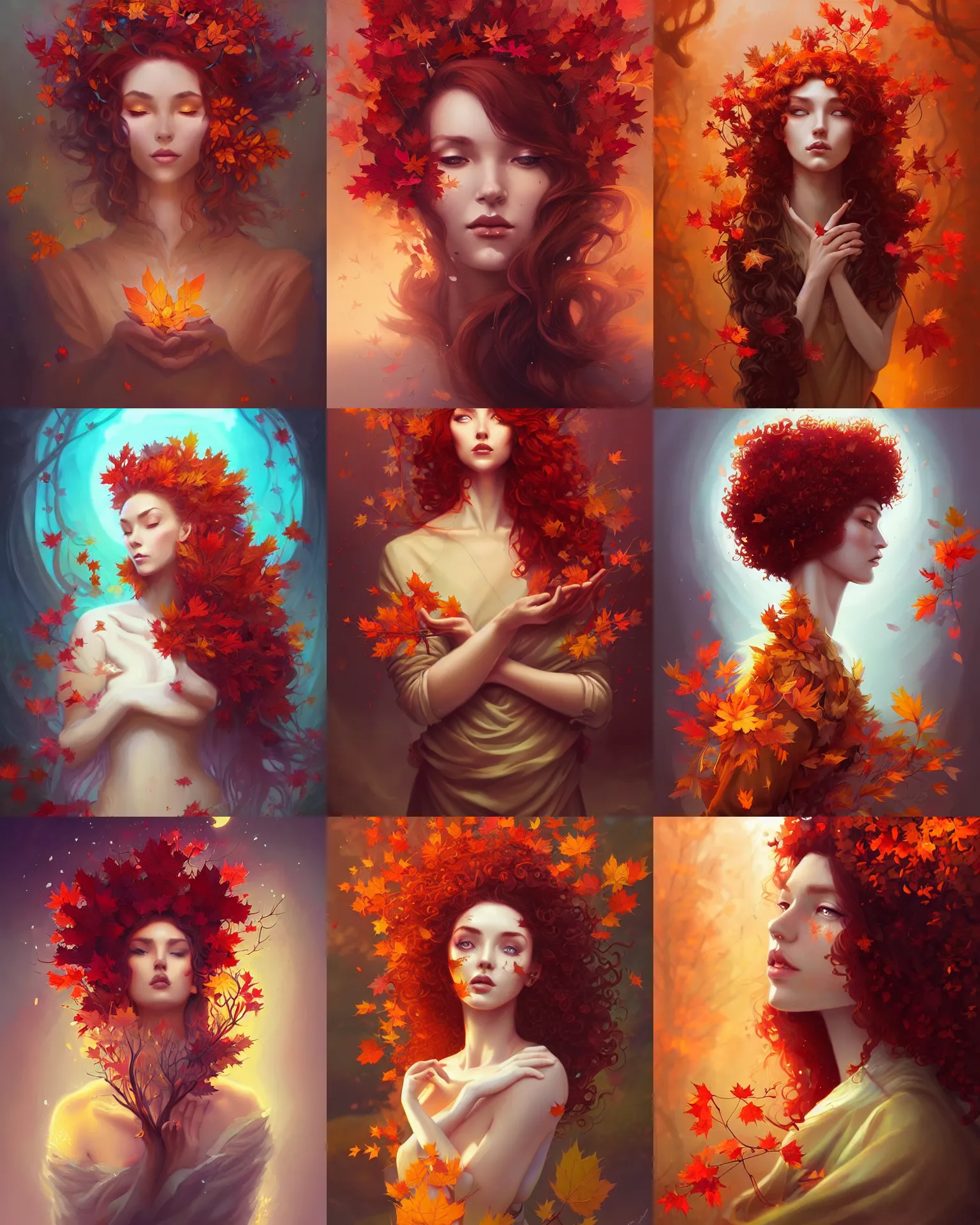 Image similar to beautiful autumn priestess with curly red - hair, flurry of leaves and flowers, warm aura, artgerm, peter mohrbacher, alena aenami, artstation