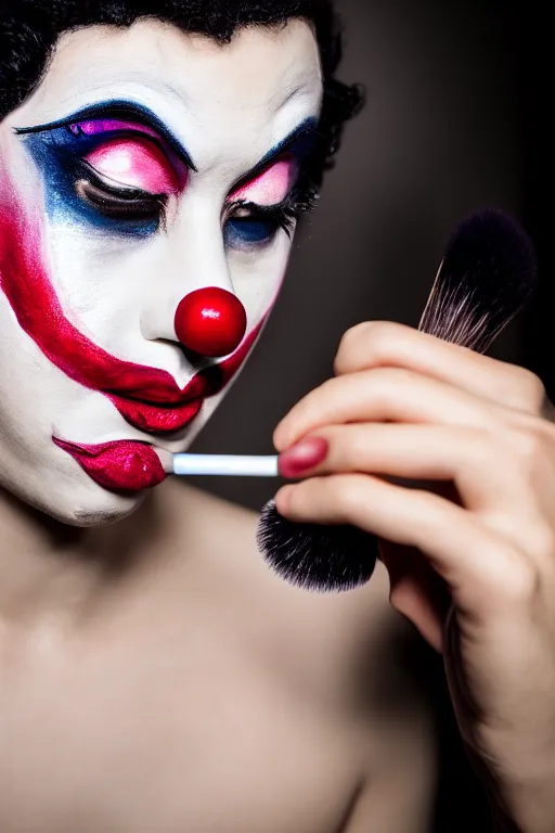 Prompt: a clown putting on makeup, fine - art photography, portrait, award - winning photo, 4 k, 8 k, studio lighting, nikon d 6, 3 5 mm