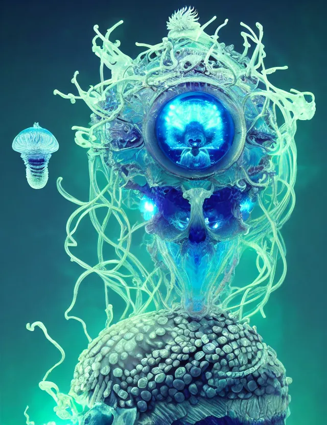 Image similar to goddess macro close - up portrait wigh crown made of ram skull. betta fish, jellyfish phoenix, bioluminiscent, plasma, ice, water, wind, creature, super intricate ornaments artwork by tooth wu and wlop and beeple and greg rutkowski