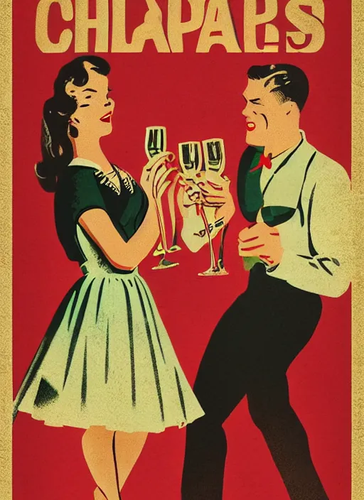 vintage 40s poster with paper texture of a couple Stable Diffusion