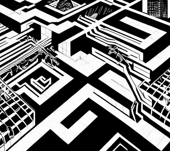 Prompt: a black and white illustration of a cyberpunk epic Friday night firefight in the style of M.C. Escher, Night City, cyberpunk 2077, 1979 OMNI Magazine Cover, impossible geometry, coherent, street level neo-Tokyo in Cyberpunk 2045, 4k, 8k, HD, trending on artstation