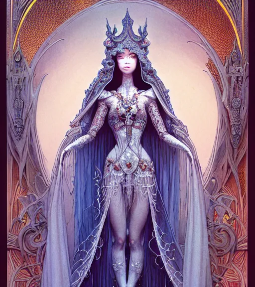 Prompt: symmetrical illustration, a beautiful female ice queen in dress, pretty, detailed and intricate, perfect body shape, perfect face, hypermaximalist, elegant, ornate, luxury, elite, matte painting, cinematic lighting, james jean, brian froud, wayne barlowe