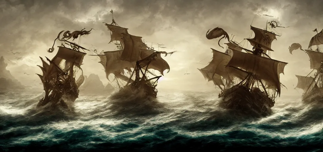 Prompt: sea monster attacking a pirate ship, cinematic, atmospheric, detailed