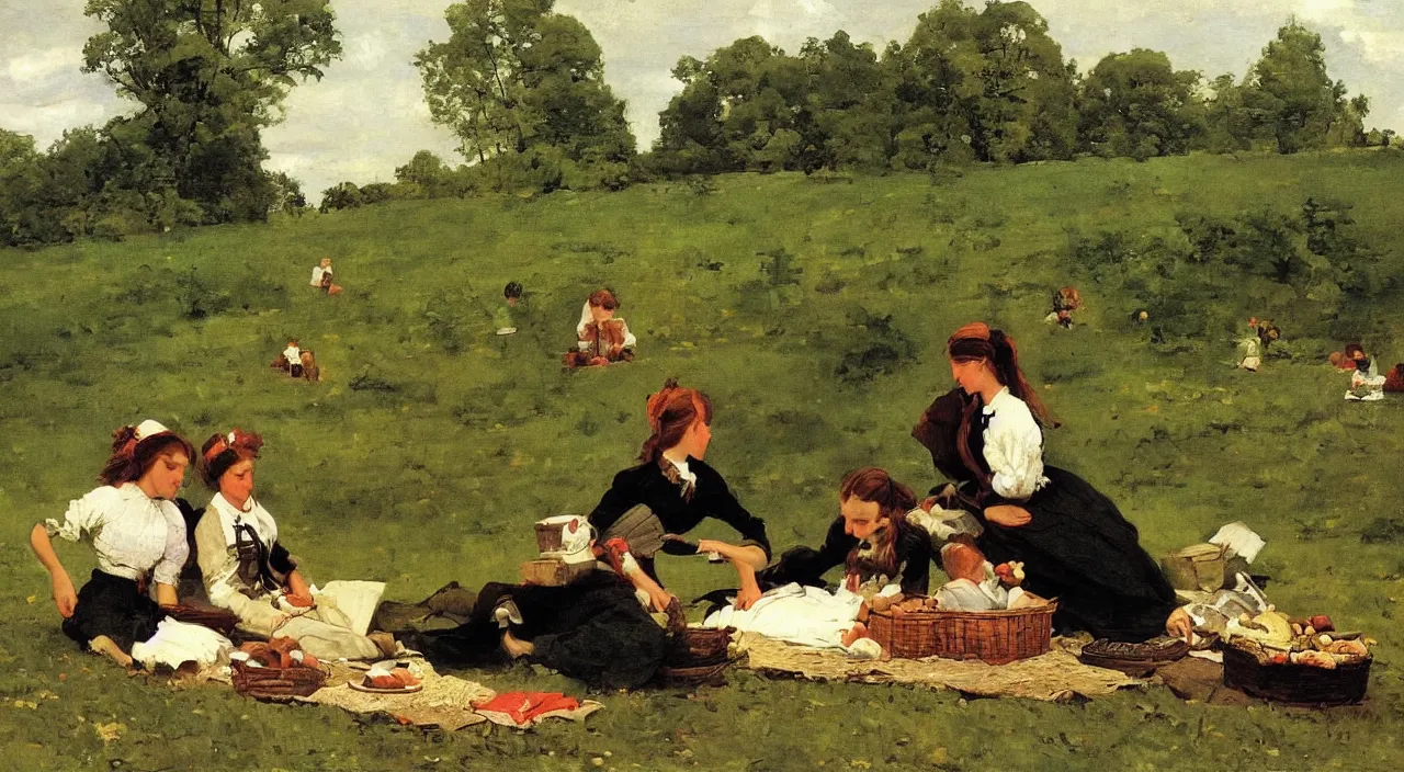 Prompt: the picnic, in Pennsylvania, 1850, painting by Winslow Homer, oil on canvas