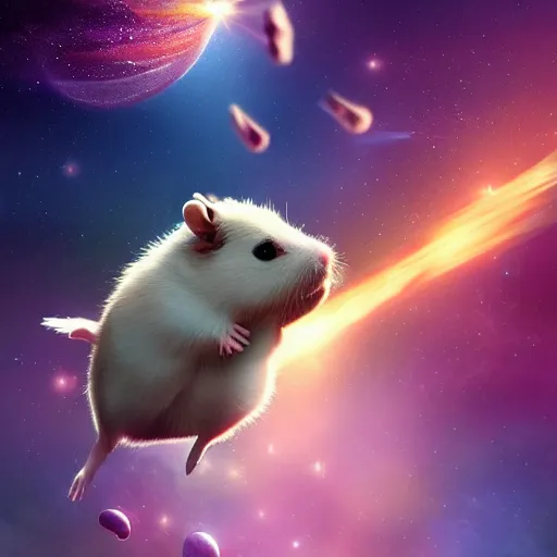 Image similar to Epic digital art of cute hamster flying in galaxy, the best on ArtStation, cinematic, detalied, high quality, profesional, 8k, CGSociety,