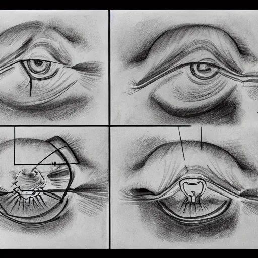 Prompt: an anatomicaly correct sketch about the evolutional stages of the common eye