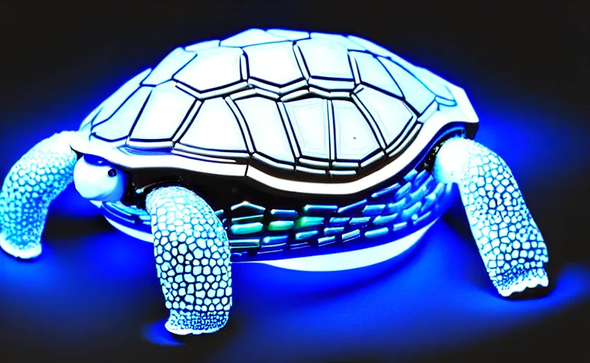 Prompt: artificial Intelligence turtle with its shell made out of modular-synth dials and knobs with a small AMOLED display, LED light accents, sleek design by apple, triple white colorway, modular-synth, VST, 4k, 33mm, high quality photo,