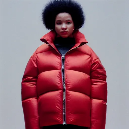 Image similar to realistic! photoshoot for a new balenciaga lookbook, color film photography, portrait of a beautiful woman wearing a puffer jacket, photo in style of tyler mitchell, 35mm