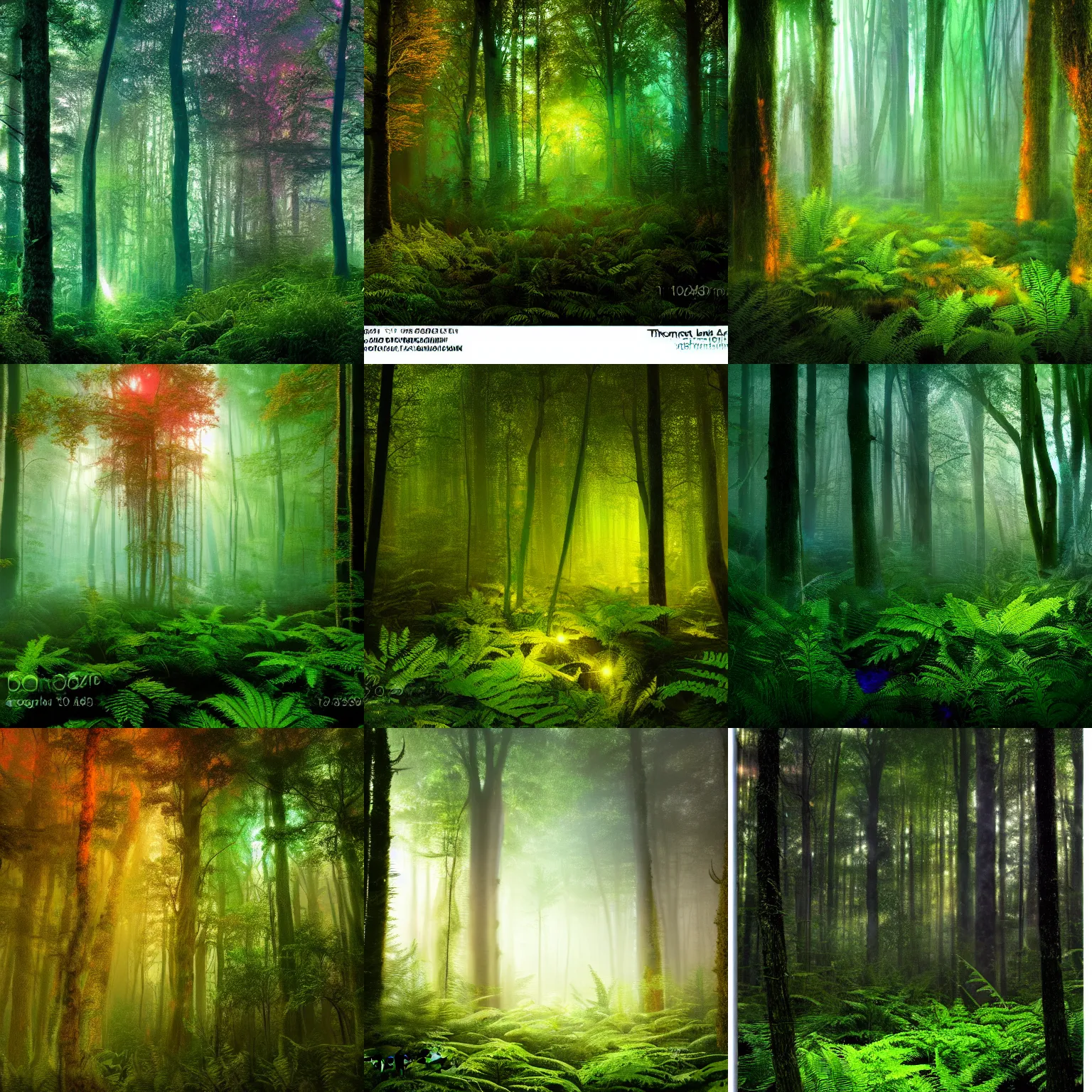 Prompt: photograph of a dense mystic forest, breathtaking lights shining, psychedelic fern, distant, 4k, by thomas kinkade