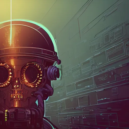 Image similar to in the style of max prentis and deathburger and laurie greasley a close up of a young explorer wearing a cyberpunk headpiece sitting connected to an ancient and huge mechanical head, highly detailed, 8k wallpaper