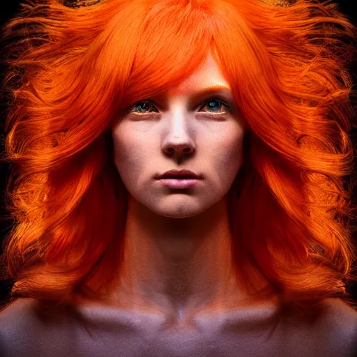 Image similar to a symmetrical portrait of a beautiful orange - haired woman, head and shoulders, god rays, symbolist, dramatic, ultra detailed, holographic design, 4 k, 8 k, hdr, award winning