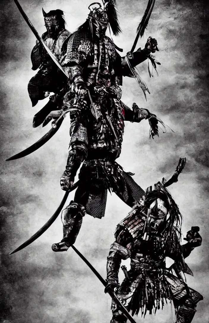 Image similar to movie film poster art for samurai vs predator film shot in feudal japan staring hiroyuki sanada as a disgraced ronin who hunts down the predator after he fails to protect his master from it. in the style of ansel adams, reynold brown, h. r. geiger.