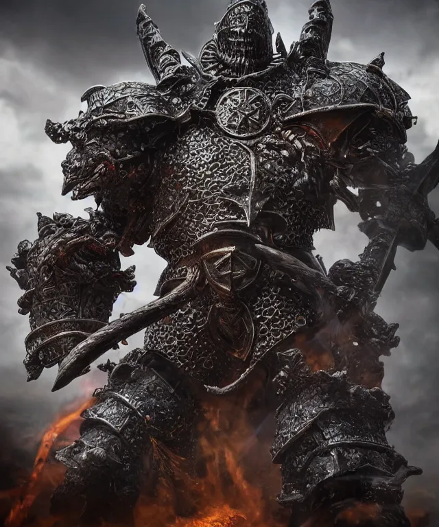 Image similar to hyperrealistic rendering, epic dark souls boss, ornate supreme demon overlord, jewel crown, war armor battle, by art of skinner and richard corben, product photography, collectible action figure, sofubi, hottoys, storm clouds, outside, lightning