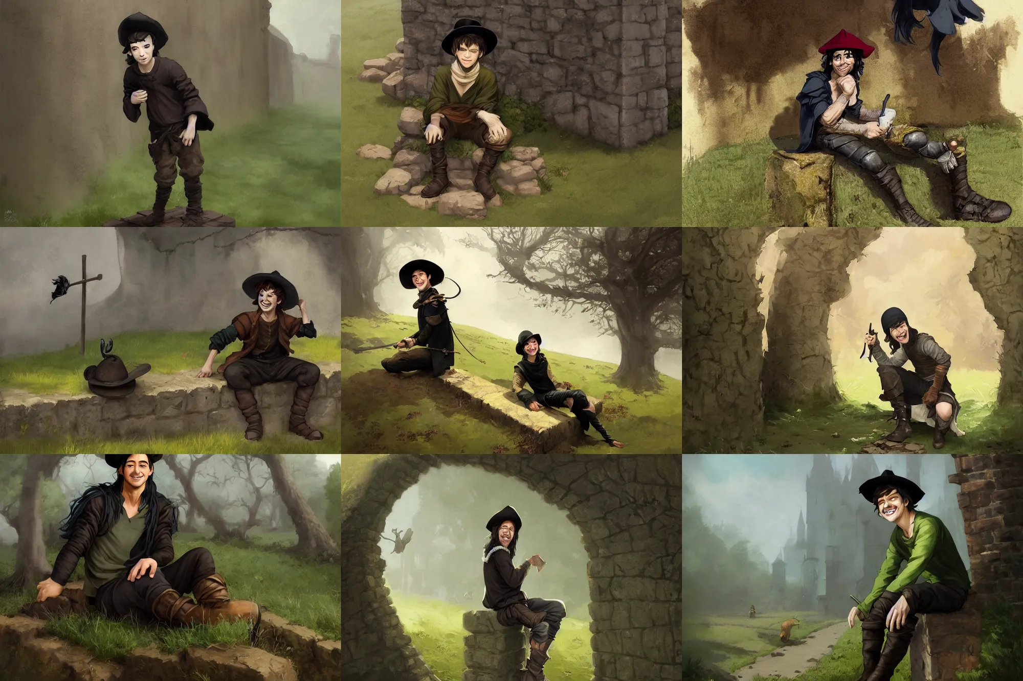 Prompt: medieval young male thief sitting on a stand alone wall on a field by the side of a road, smiling, long black hair, black felt hat and washed out green olive shirt by stanley artgerm lau, wlop, rossdraws, frank frazetta, andrei riabovitchev, marc simonetti, tranding on artstation