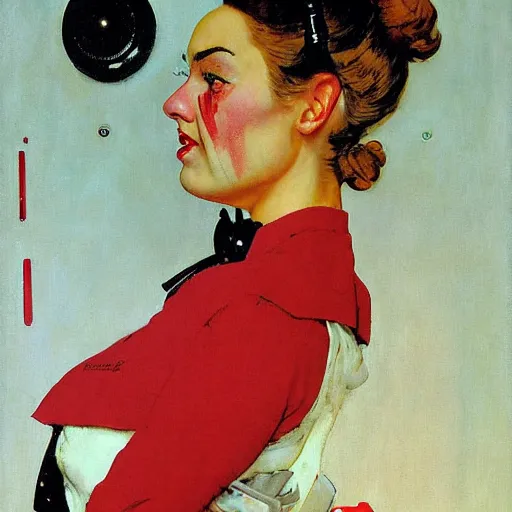 Image similar to portrait of a dapper cyberpunk woman so happy that her face hurts, by norman rockwell