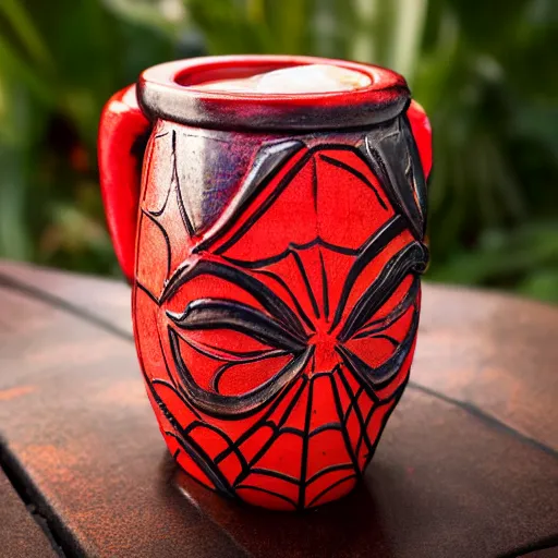 Image similar to a closeup photorealistic capture of glossy spider man style tiki mug at an outdoor trader vic's bar featuring the face of spider man. tiki theme. bright scene. fine detail. this 4 k hd image is trending on artstation, featured on behance, well - rendered, extra crisp, features intricate detail, epic composition and the style of unreal engine.