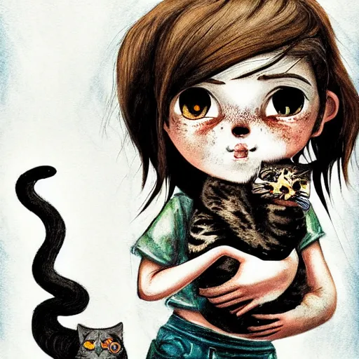 Prompt: lost footage of a cel shaded head and shoulders portrait of an adorable Ellie (The Last of Us) holding an angry cat in a blend of manga-style art, augmented with vibrant composition and color, all filtered through a cybernetic lens. Digitally corrupted background with black stripes, lowbrow painting by Mark Ryden. Graflex photograph