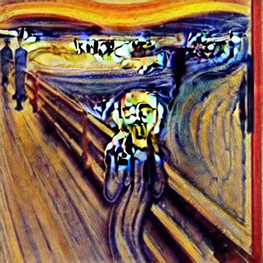 Image similar to painting of edvard munch's the scream with the two witnesses standing in the background, highly accurate, 8 k, highly ornate intricate details,