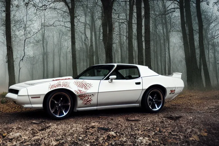 Image similar to reflective white pontiac firebird with flames paintjob with angelic wings attached to sides of the roof, dramatic, cinematic, forest, volumetric lighting