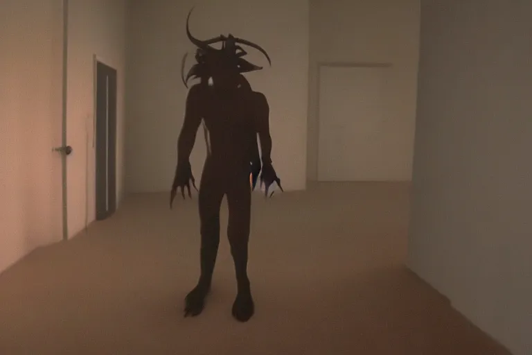 Image similar to 2 0 0 0 s footage of a hideous demon standing in a dimly lit empty room