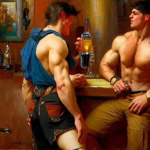 Image similar to attractive muscular male with red hair and attractive muscular male with black hair. pants and shorts, drinking their hearts out, having fun, in a pub. very defined painting by gaston bussiere, j. c. leyendecker, craig mullins 8 k