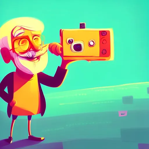 Image similar to curled perspective digital art of a cute smiling grandpa cartoon character with a photo camera by anton fadeev