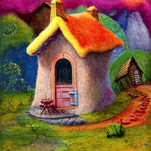 Image similar to small wooden house in the middle of spring forest, bright colours, watercolor, volumetric wool felting, macro photography, children illustration, by michael hutter