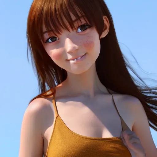 Image similar to Render of a very beautiful 3d anime girl, long hair, hazel eyes, cute freckles, full round face, short smile, cute sundress, golden hour, serene beach setting, medium shot, mid-shot, highly detailed, trending on Artstation, Unreal Engine 4k