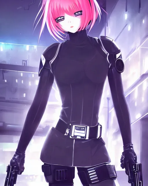 Image similar to 2 b, anime key visual of a young female swat officer, neon, cyberpunk, futuristic, white outfit, black swat vest, swat helmet, holding pdw, stunning, highly detailed, digital painting, smooth, soft focus, illustration, poster, japanese typography, digital art from artstation by artgerm and greg rutkowski and alphonse mucha