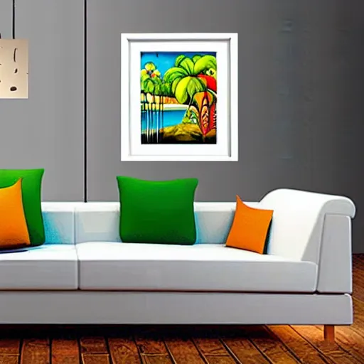 Image similar to a framed painting of a beautiful piet mondrian tropical landscape